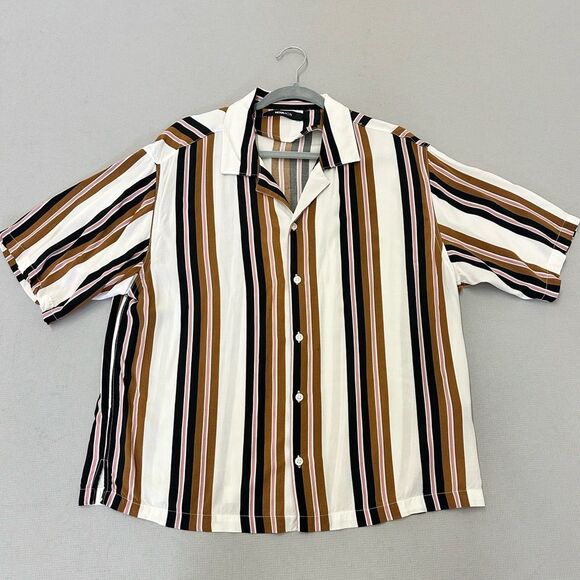 Fashion Nova Brown and Black Striped Casual Button Down Shirt - Picture 1 of 3